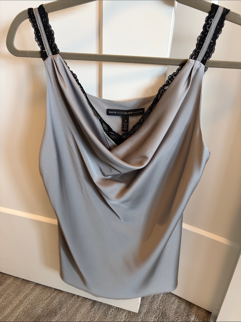 White House Black Market Silver-Gray Satin Cami with Black Lace